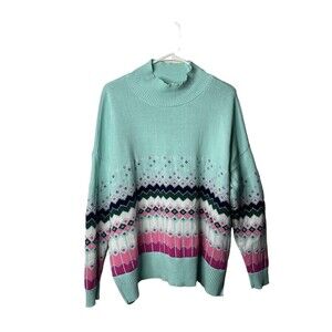 Crown & Ivy Mock Neck Sweater  Women Rainbow SZ M Green Grandma Cottage Core